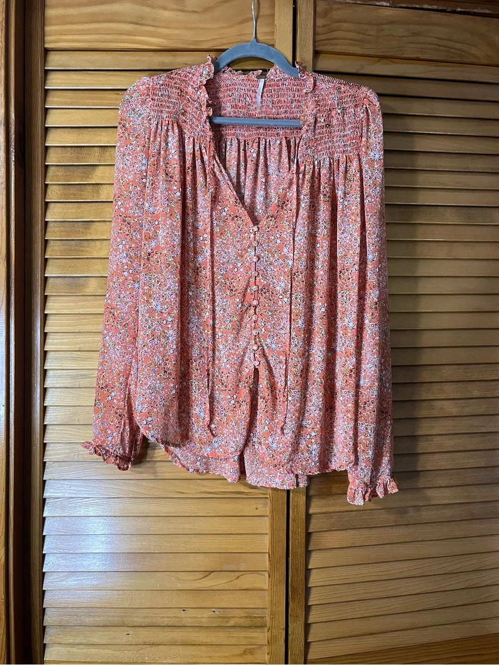 Free People Oversized Floral Smocked Button-Front Blouse